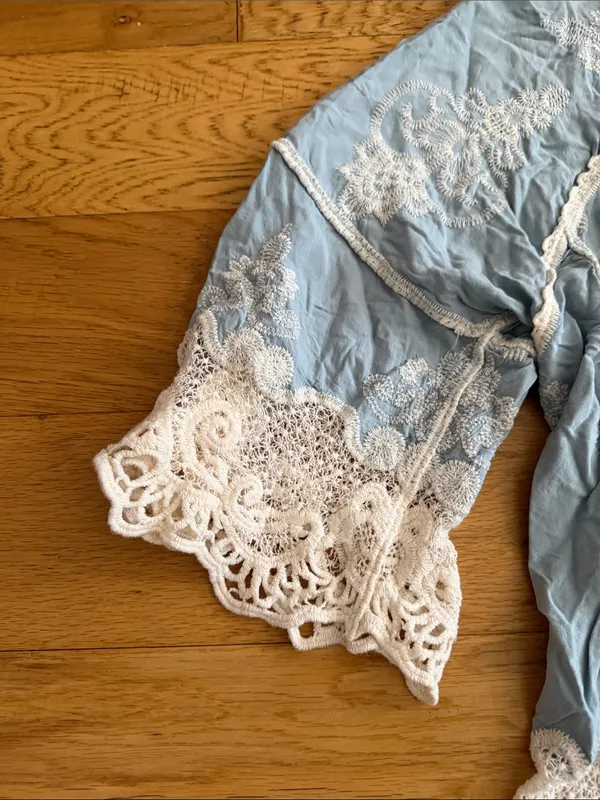 L - Democracy - Light Blue Boho Tunic with Cream Crochet Trim - Image 4
