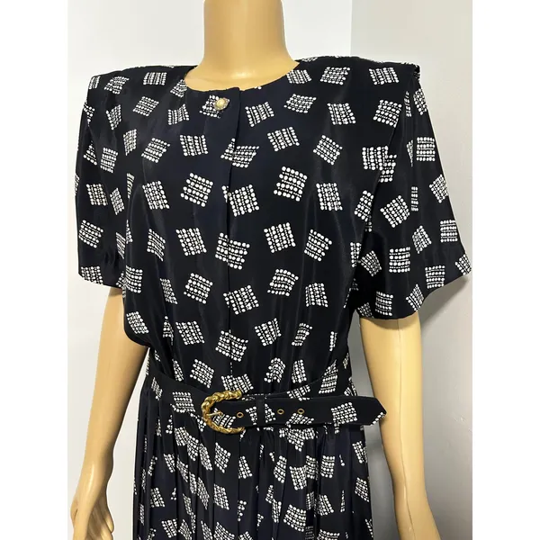 Leslie Fay Vintage Navy Blue Geometric Dot Pleated Midi Dress with Belt Size 14W - Image 2