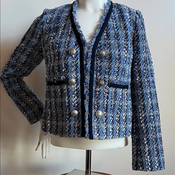 Express Navy and Silver Textured Blazer XS old silver military buttons - Image 2