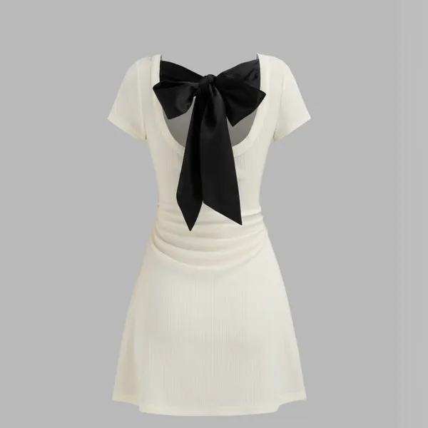 Cider Round Neck Bowknot Ruched Mini Dress - Image 2