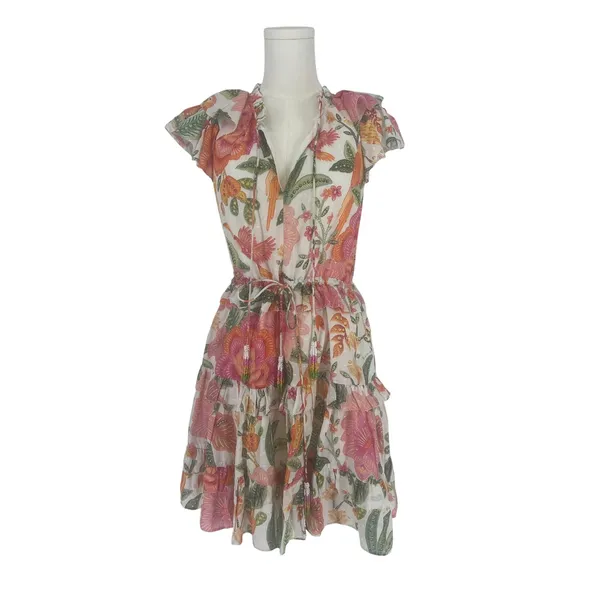 Farm‎ Rio Macaw Bloom Off-White Tropical Floral Cotton Mini Dress XS - Image 3