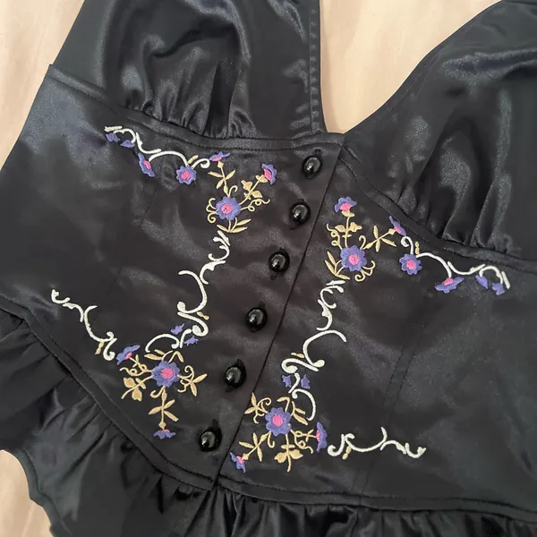 Kimchi Blue Black Satin Halter Top with Embroidered Florals - Image 3