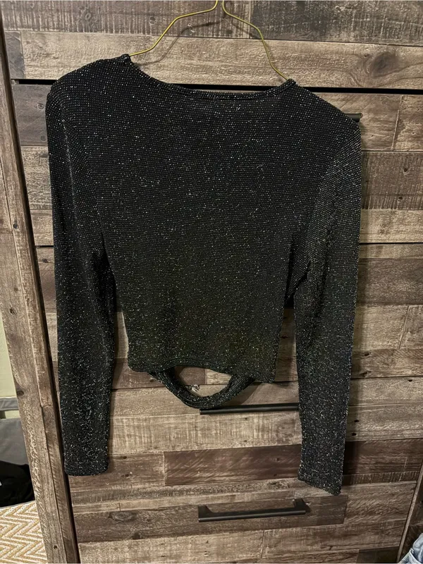 SHEIN Black Sparkle Long-Sleeve Cut-Out Top - Image 4