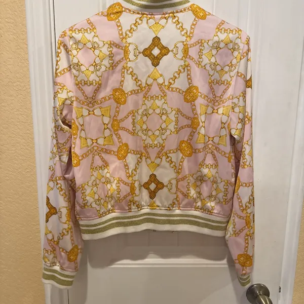 Vintage Guess Italian Maximalist Baroque Bomber Jacket Sz M Gold Chain Pink Zip - Image 8