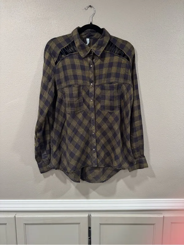 Free People Lace Up Plaid Button Up Shirt - Image 2
