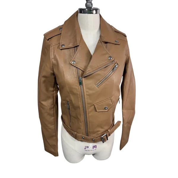 Women's Love Tree Faux Leather Moto Jacket Camel‎ Belted Biker Minimalist S New - Image 2