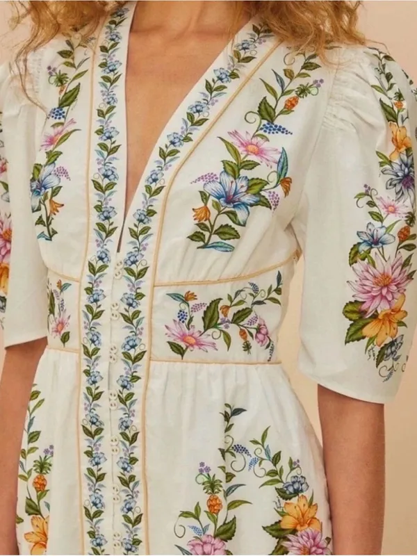 Farm Rio Sweet Bloom Dreamscape Floral Puff Sleeve Mini Dress Size L - Image 4