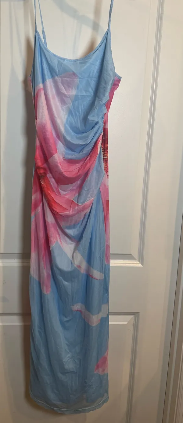Women’s Blue & Pink Abstract Print Maxi Dress – Spaghetti Strap – Size M - Image 2