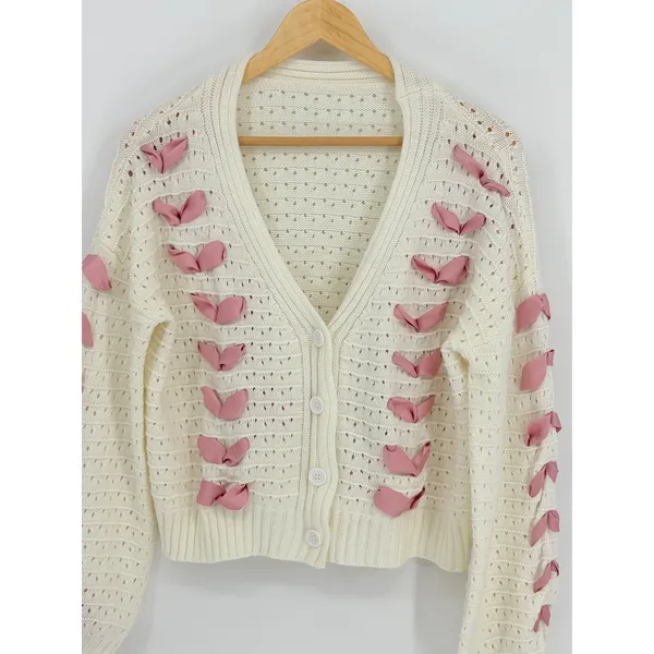 Ribbon Lace Up‎ Cardigan Womens Large Cream Pink Coquette Pointelle Knit Chunky - Image 4