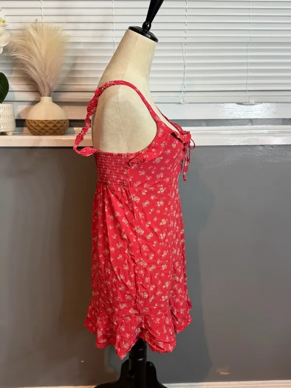 American Eagle Red Floral Mini Dress Size M Ruffle Lace Up Smocked Back Sundress - Image 4