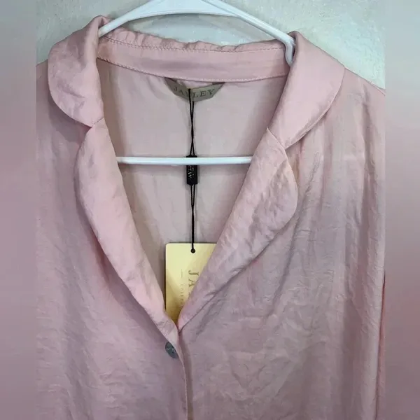 JAYLEY Pink Awilix Day to Night Feather‎ Trim Silk Sleep Trim Long Sleeve Blouse - Image 6