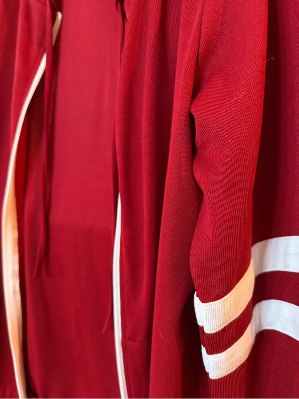 Women’s L - Red Zip-Up Hoodie with White Sleeve Stripes - Image 3