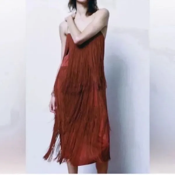 Zara Brown/Plum Sleeveless Fringe Midi Dress (Size Small) - Image 2