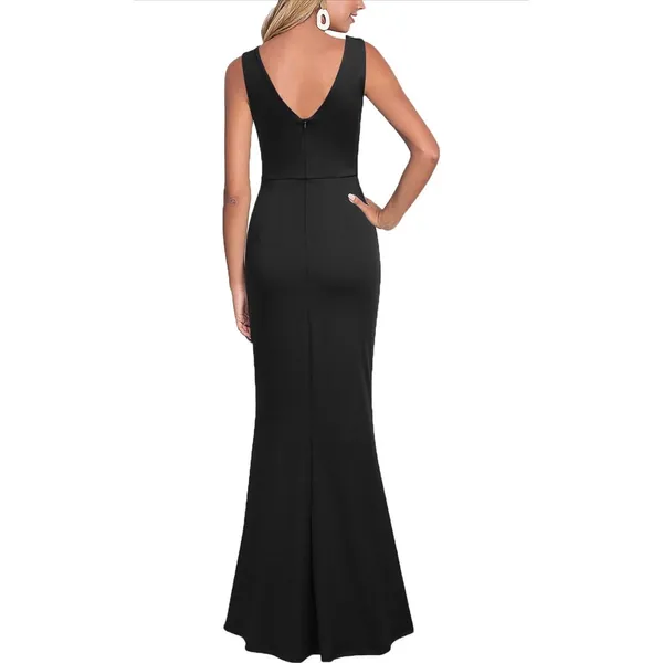 Old Money Black Romantic V Neck Sleeveless Pleated Waist Maxi Evening Gown Dress - Image 2