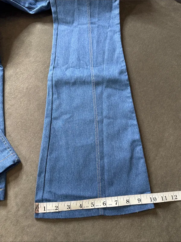 Sleeveless Sexy Blue Denim Jumpsuit Front Zip Slim Fit Retro 70s Flare Size S - Image 10