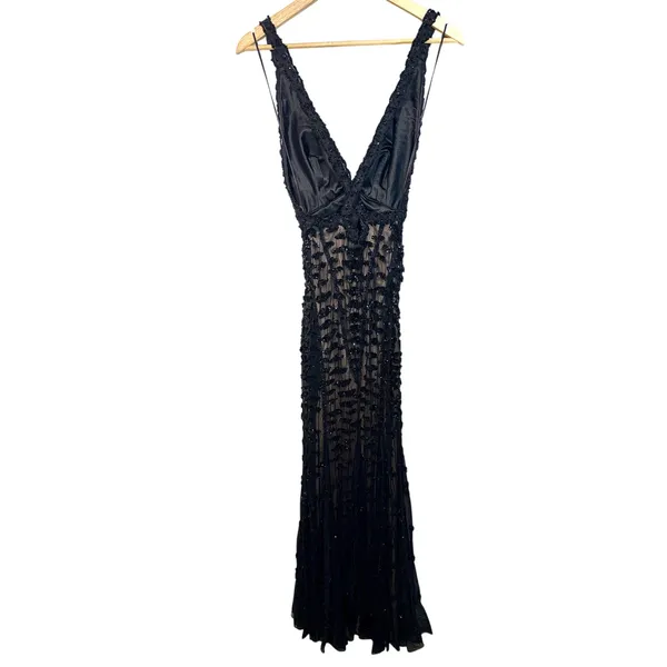 NEW Mandalay Black Nude Silk Sequin Maxi Long Gown Evening Formal Dress Womens 6 - Image 5