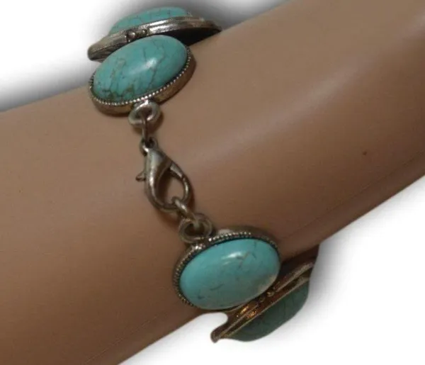 Vintage Silver Tone & Faux Turquoise Toggle Bracelet 7” - Image 2