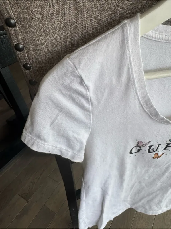 GUESS White Scoop Neck Tee with Multicolor Butterfly Logo - Image 3