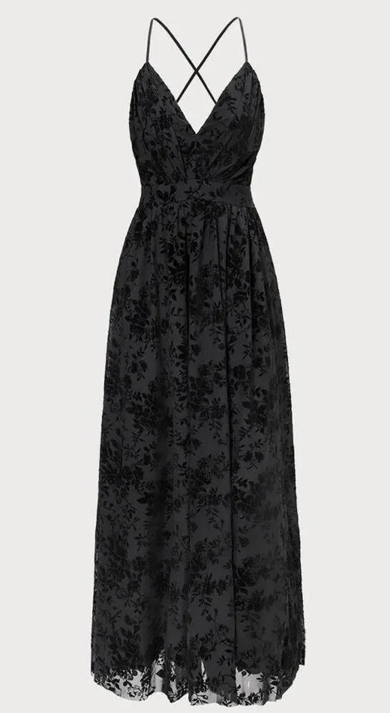 RIHOAS The Black Floral Flocked Mesh Slit Maxi Dress XS 37 - Image 7