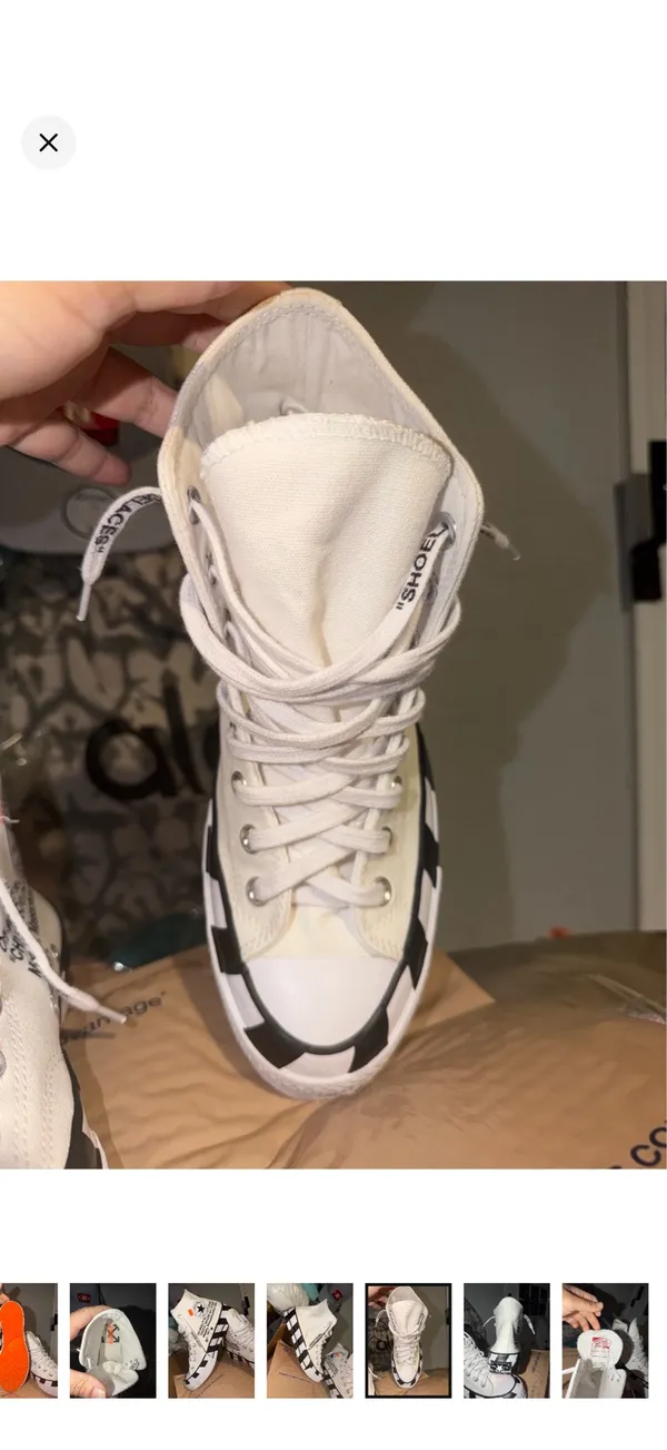 Converse White High-Top Sneakers with Black Checkerboard and Orange Tabs - Image 6