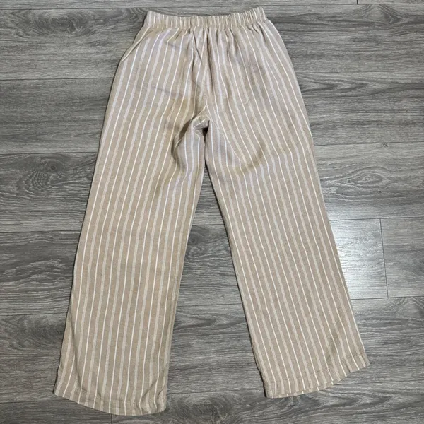 Briggs Womens Small Pants‎ Tan White Striped Wide Leg Linen Blend Elastic Waist - Image 4