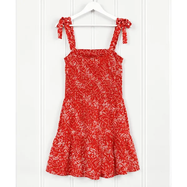 GiGiO Floral Sundress M Orange Smocked Tie Shoulder Ruffle Mini Dress Boho - Image 2