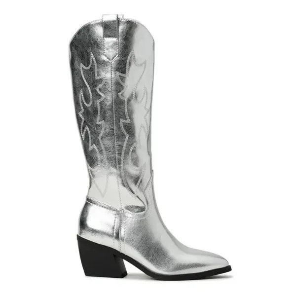 Madden Girl Madden NYC by Steve Madden Metallic Silver Etched Mid Calf Western Boots - Image 2
