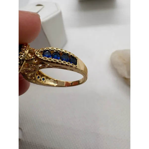 Gold‎ Plated Blue Cubic Zirconia Filigree Crown Statement Ring Size 6.75 - Image 3