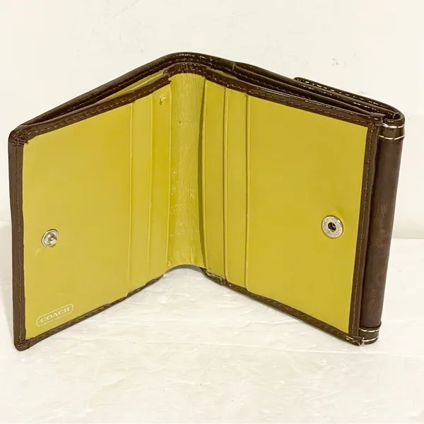 Coach Brown Leather Green‎ Lining Bi Fold Multi Pocket Wallet Snap Closure - Image 2