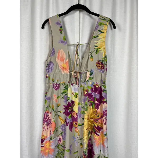 H&M Brown Purple&Pink Floral Deep V Linen&Cotton Maxi Dress Sz.M - Image 9