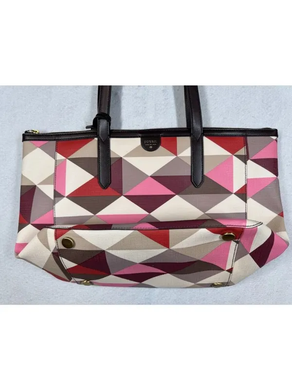 Fossil Sydney Shopper Tote Bag Red Multicolor Geometric Pattern with Key Charm - Image 3
