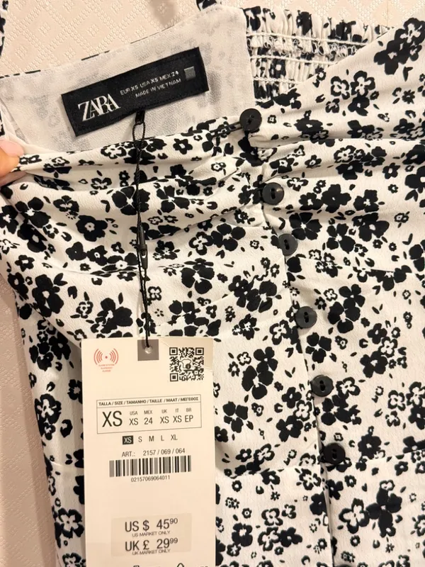 Zara Black White Floral Button Front Spaghetti Strap Midi Slip Dress Size XS - Image 6