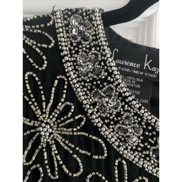 Laurence Kazar Vintage Beaded Top Womens Size L Black Silk Floral Sequin Evening - Image 2