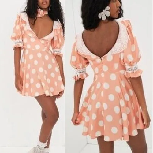 For Love & Lemons‎ Mini Dress Women L Peach Polka Dot CD2932-SP23 Lace Trim New - Image 2