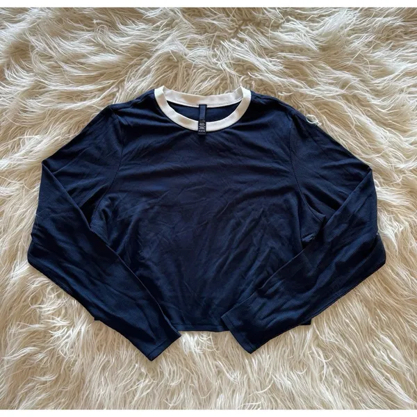 Skims Soft Lounge Ringer Long Sleeve Crop Top Navy Multi Size 2X - Image 3