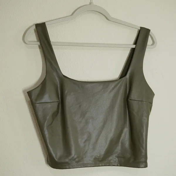 Express Body Contour Faux Leather Square Neck Crop Top Olive Green Large - Image 2