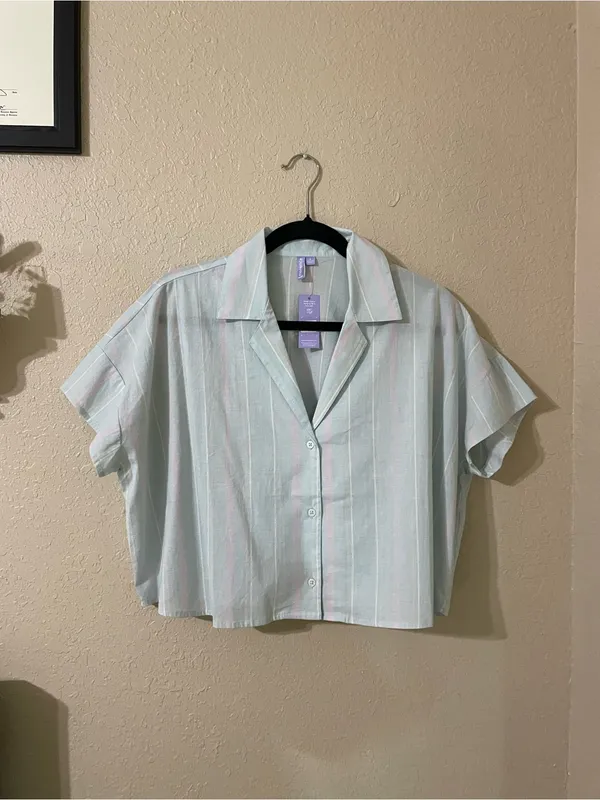 New Florence By Mills Cotton Stripe Short Sleeve Button Top Size Small Seagrass - Image 3