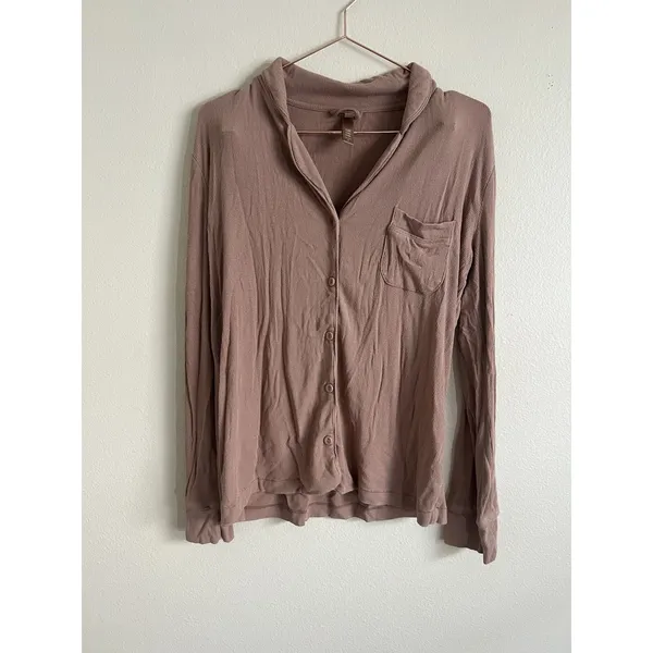 Skims Woman’s Pajama Top Size S Long Sleeve Button Up‎ Brown Ribbed Collared - Image 2