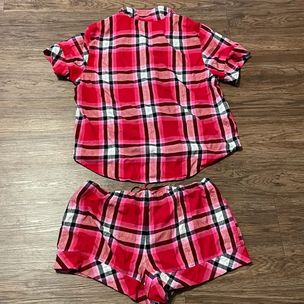 Victoria’s Secret Plaid Short Sleeve Shorts Pajama Set Red Pink White Black XL - Image 11