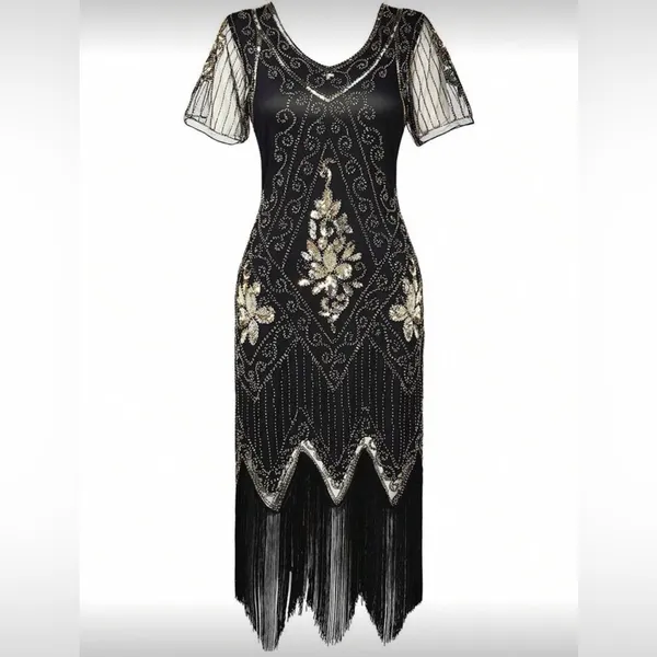 #10 Vintage-Inspired Black Beaded Flapper Dress with Fringe-Large/Size 14 - Image 10