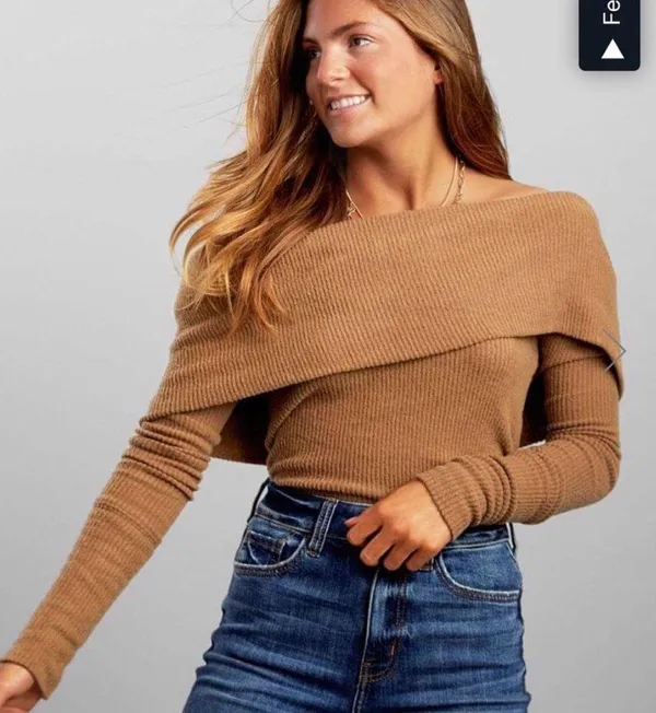 Free People Fold Over Off The Shoulder Ribbed Brown Sweater Tops Size XS - Image 3