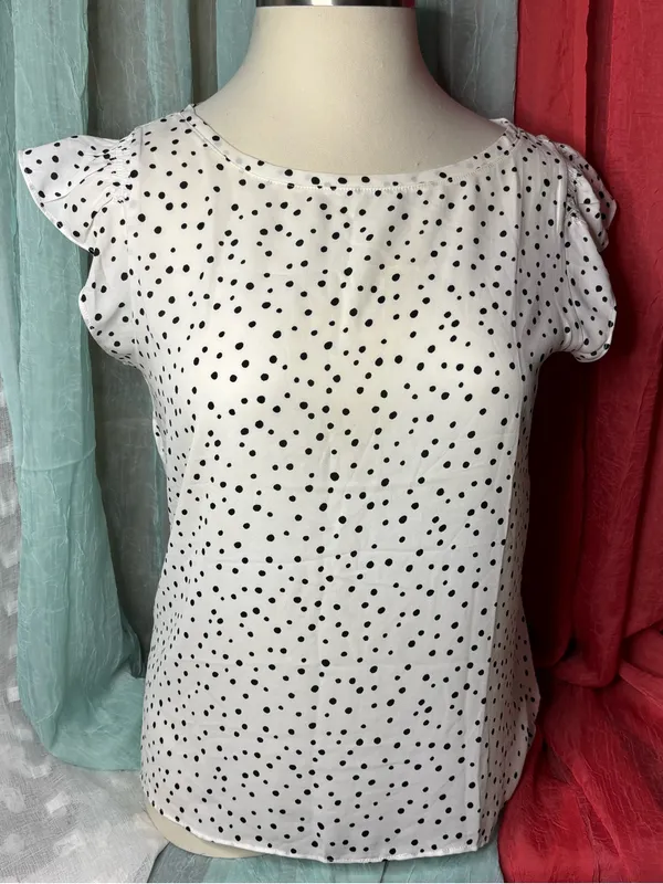 LOFT White Blouse with Black Polka Dots and Flutter Sleeves - Image 2