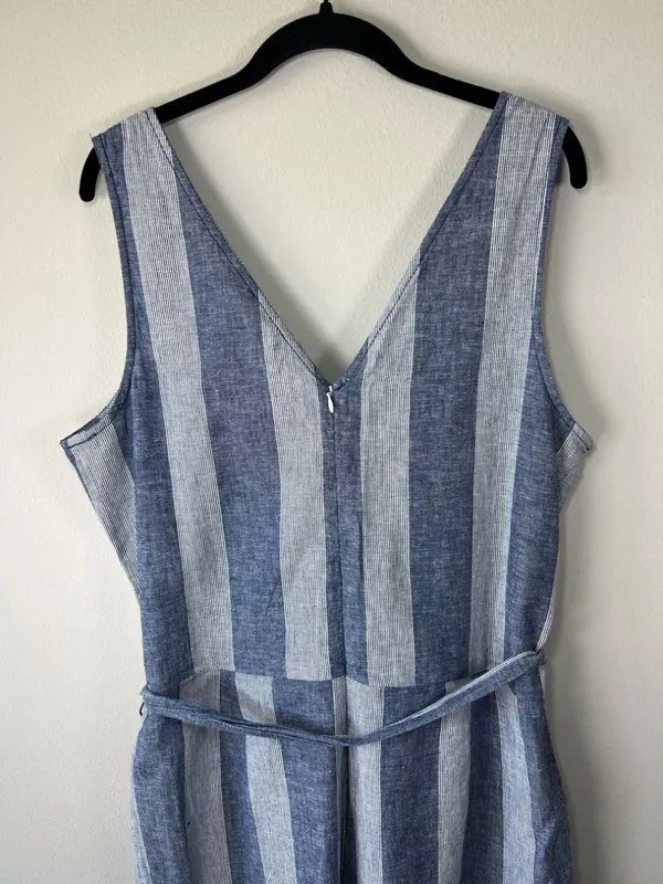 Beach Lunch Lounge Linen Blend Cropped Jumpsuit Blue Stripe Wide Leg Coastal Lg - Image 10