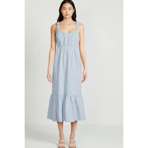 Time and Tru Womens Midi Dress Sz M Blue Ash Stripe Ruffle Strap Tie Back Flowy - Image 8