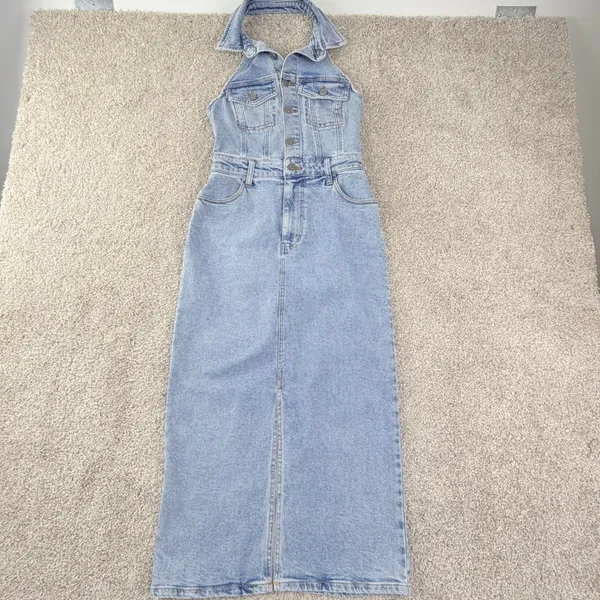 Gianni Bini Denim Halter‎ Maxi Dress Womens XS Light Wash Western Y2K Festival - Image 3