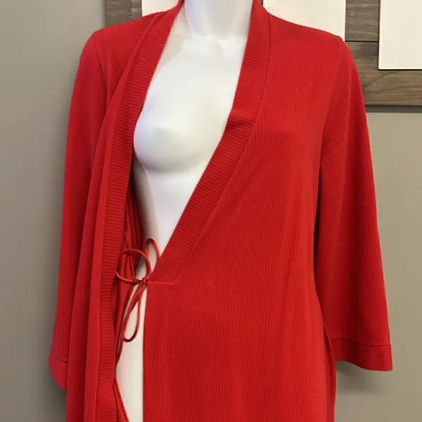 Vintage Vanity Fair Vibrant Red Full-Length Ribbed Wrap V-Neck Robe with Belt-Sm - Image 10