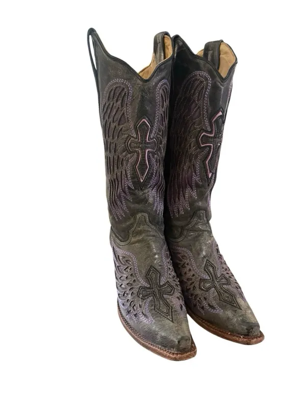 Corral Boots Women's Distressed Black Winged Cross Purple Inlay Boots Size 9 - Image 4
