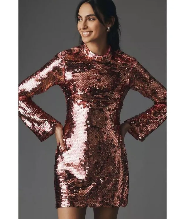 Anthropologie Maeve Long Sleeve Mock Neck Sequin Mini Dress - Image 2