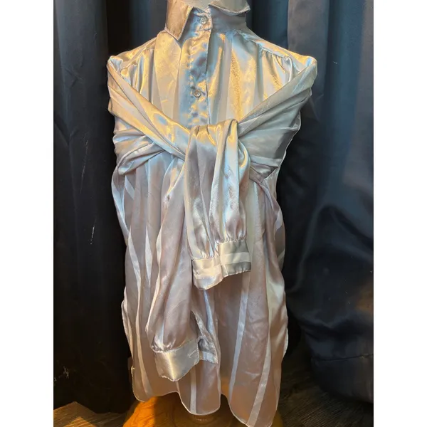 Vintage All Hours Silver Satin Striped‎ Button Down Blouse Long Sleeve Medium - Image 7