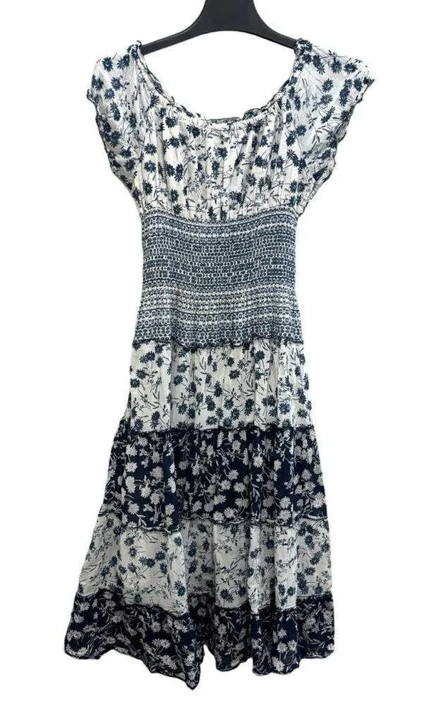 Mixed floral print boho smocked shirred midi maxi patchwork navy white dress - Image 8